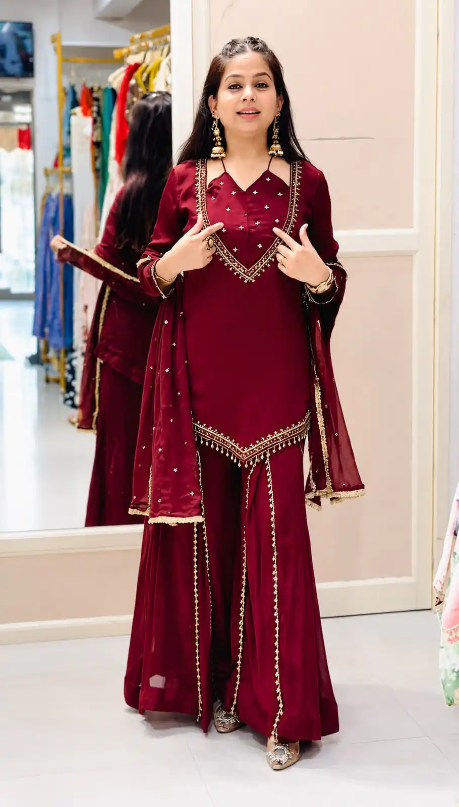 Pretty Maroon Roman Glass Mirror Work Salwar Suit - Image 5