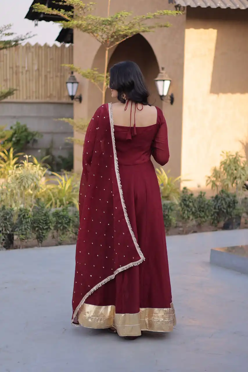 Pretty Maroon Silver Crunchy Mirror Lace Work Gown - Image 5