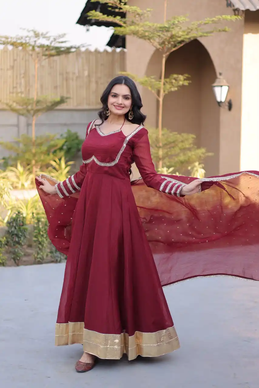 Pretty Maroon Silver Crunchy Mirror Lace Work Gown - Image 4
