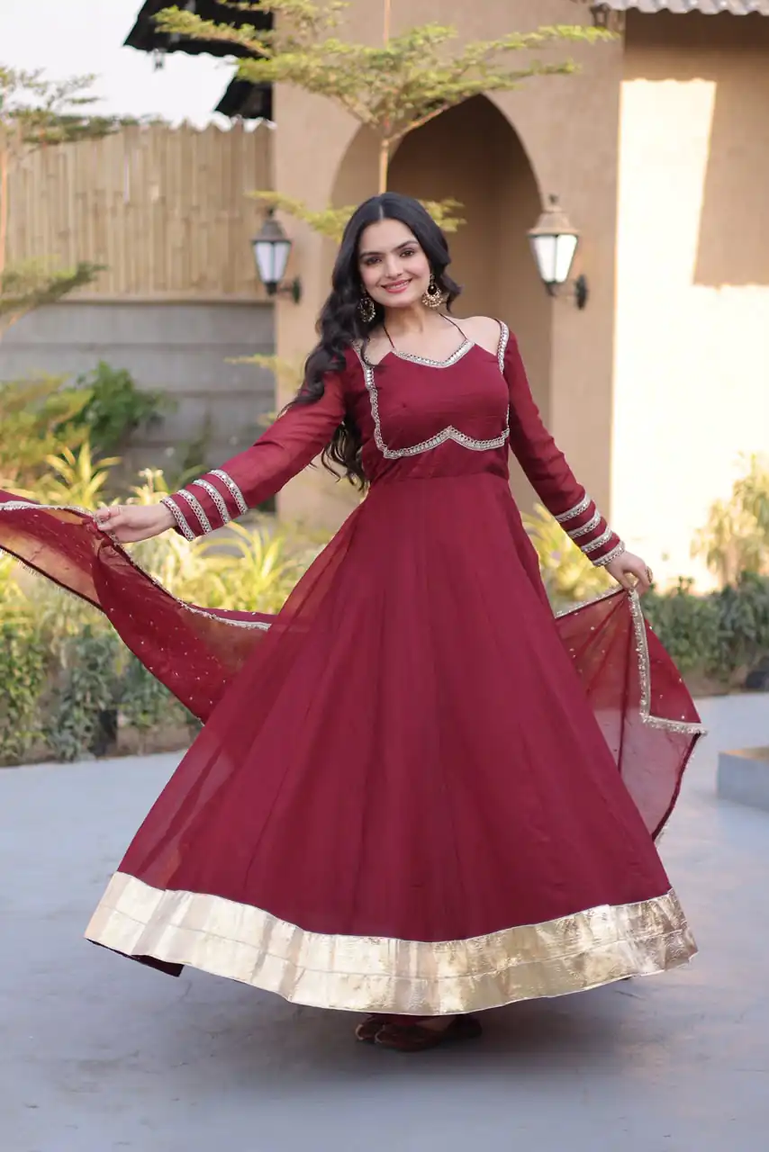 Pretty Maroon Silver Crunchy Mirror Lace Work Gown - Image 3