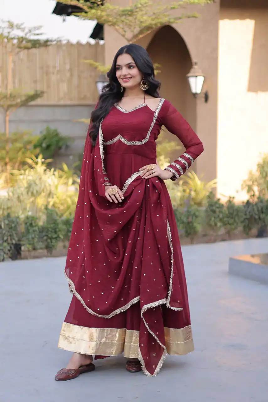 Pretty Maroon Silver Crunchy Mirror Lace Work Gown