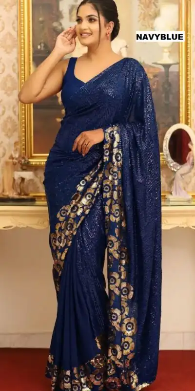 Pretty Navy Blue Faux Georgette Sequins Work Saree