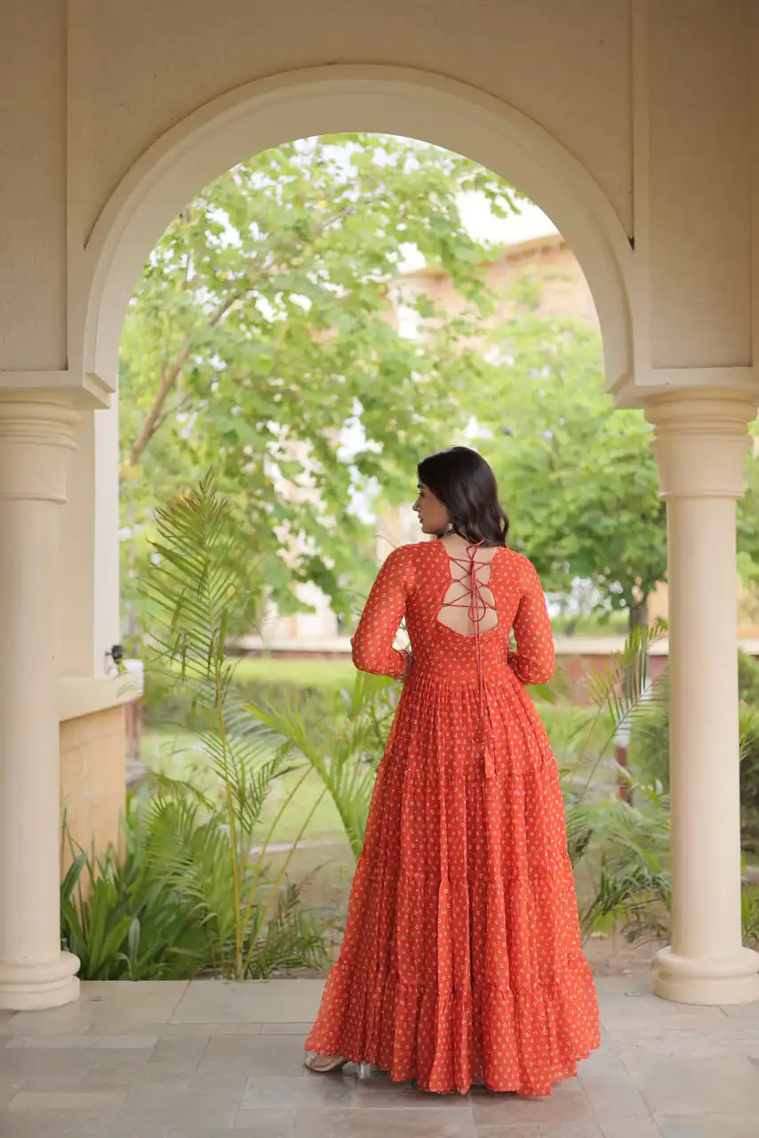 Pretty Orange Faux Georgette Bandhani Print Work Gown - Image 4