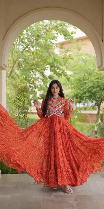 Alternative view of Pretty Orange Faux Georgette Bandhani Print Work Gown