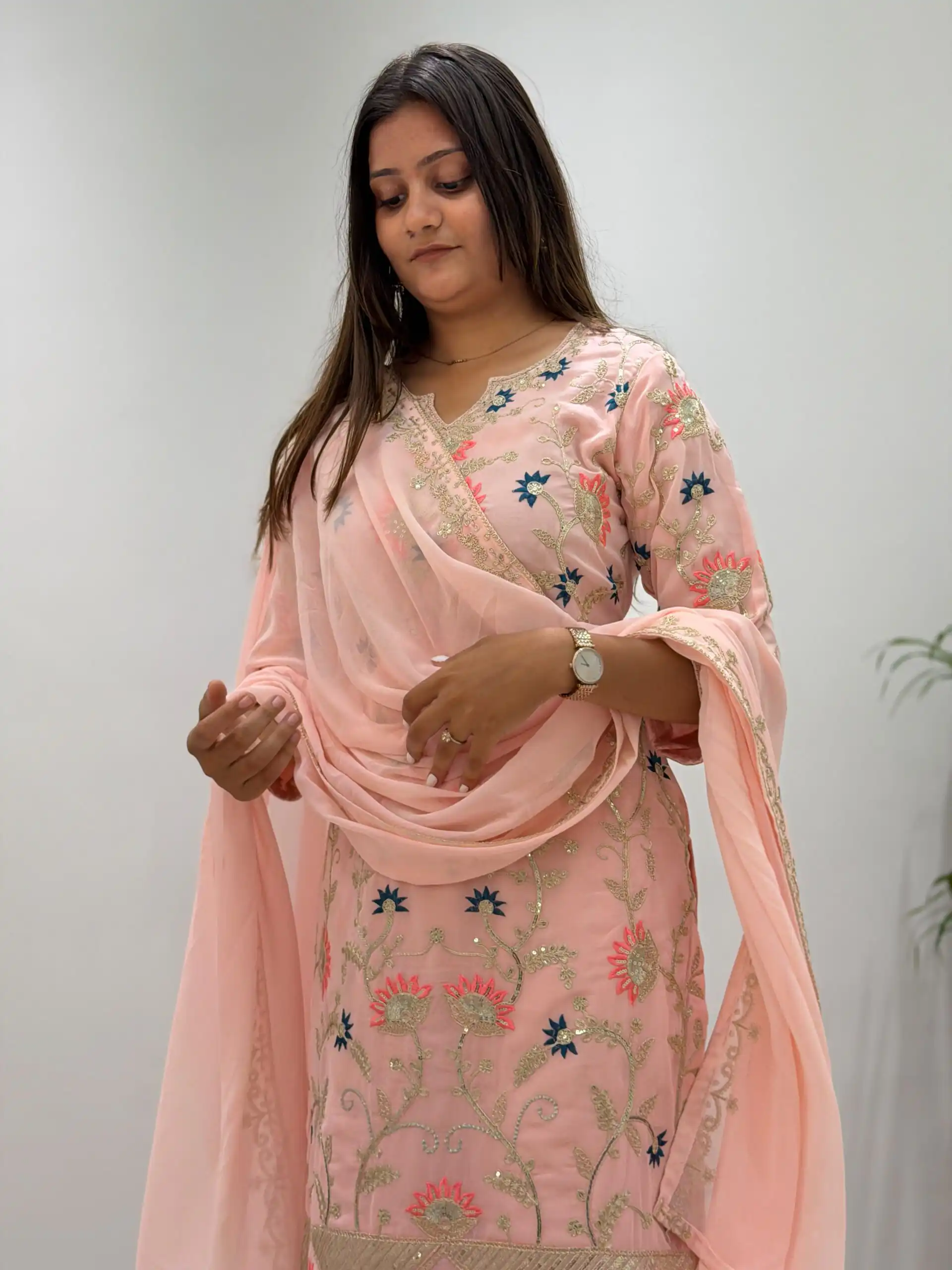 Pretty Peach Faux Georgette Sequence Work Salwar Suit - Image 3