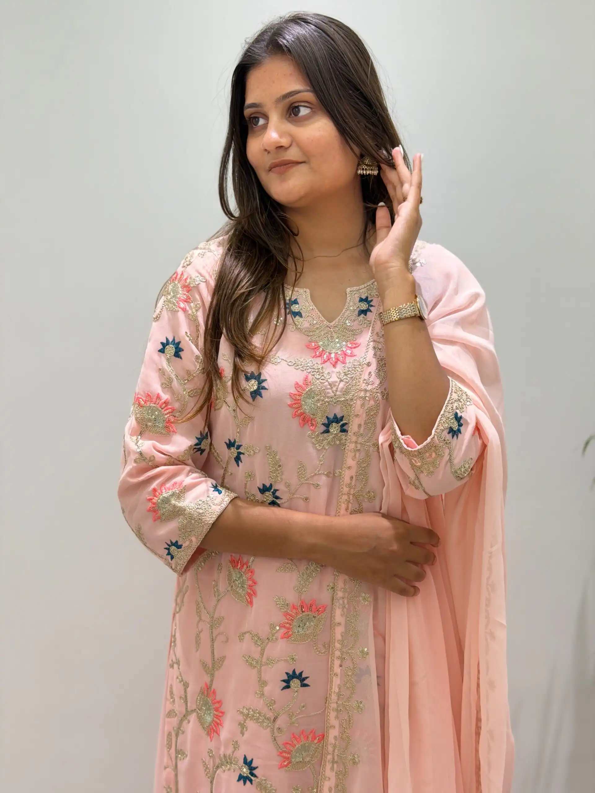 Pretty Peach Faux Georgette Sequence Work Salwar Suit - Image 2