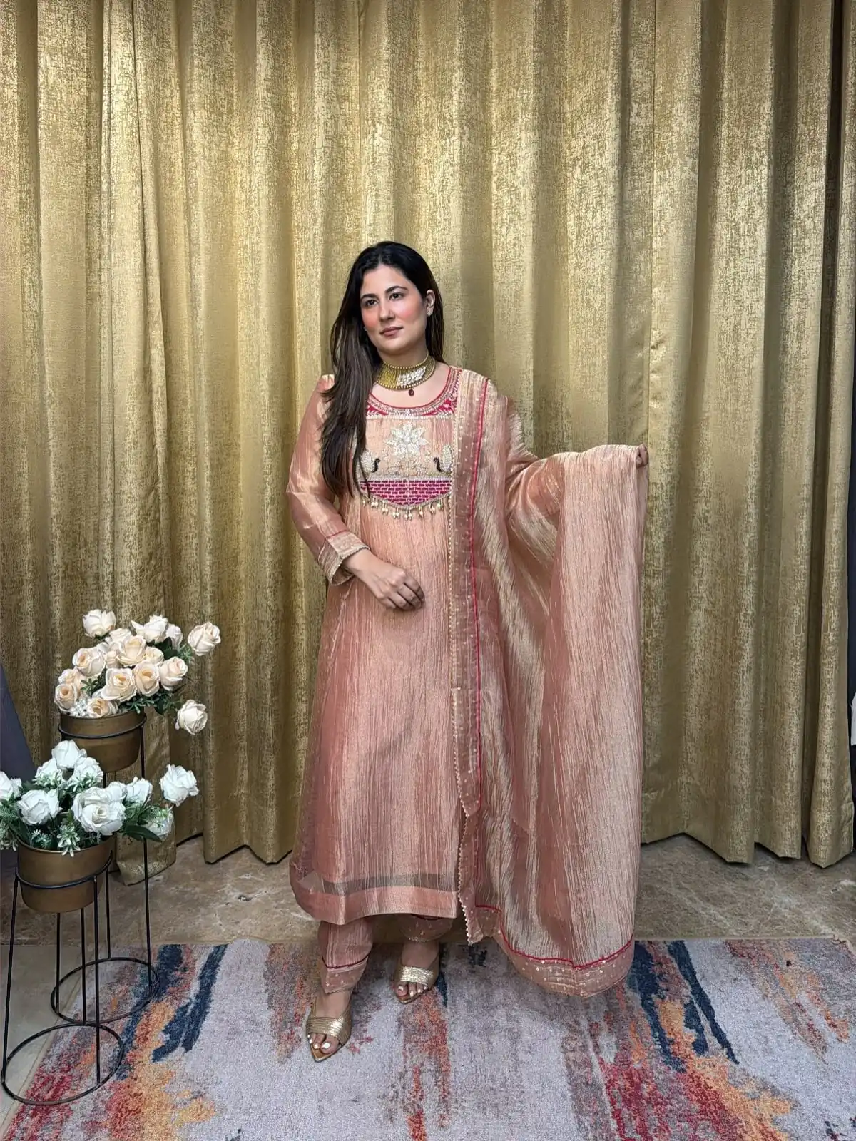 Pretty Peach Salsa Silk Embroidery Work Salwar Suit - Image 5