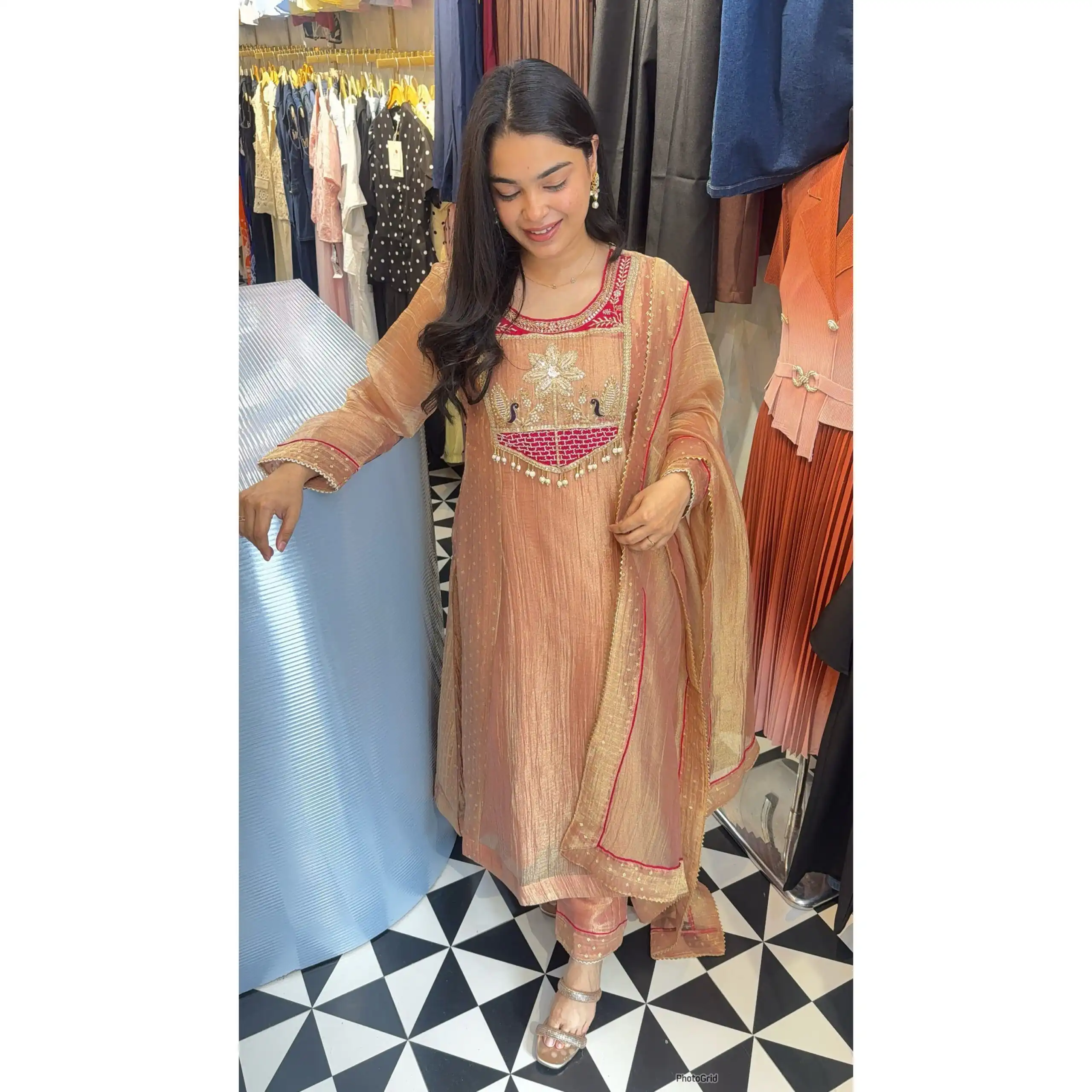 Pretty Peach Salsa Silk Embroidery Work Salwar Suit - Image 3