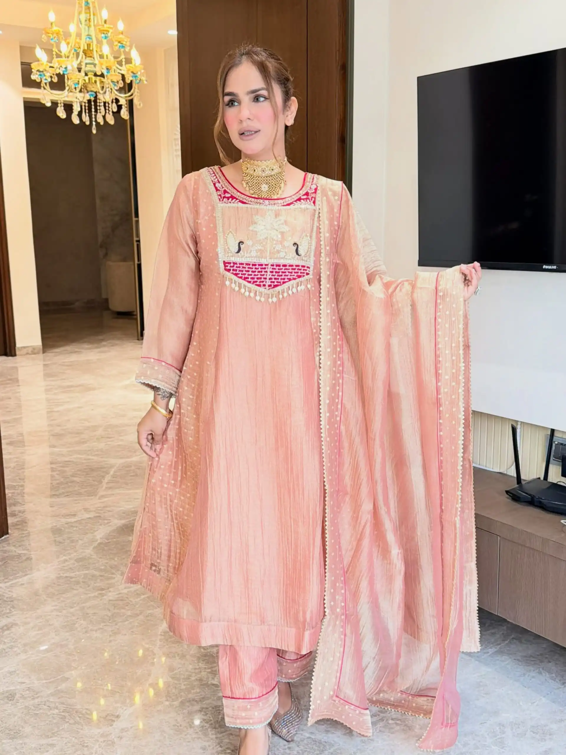 Pretty Peach Salsa Silk Embroidery Work Salwar Suit - Image 2