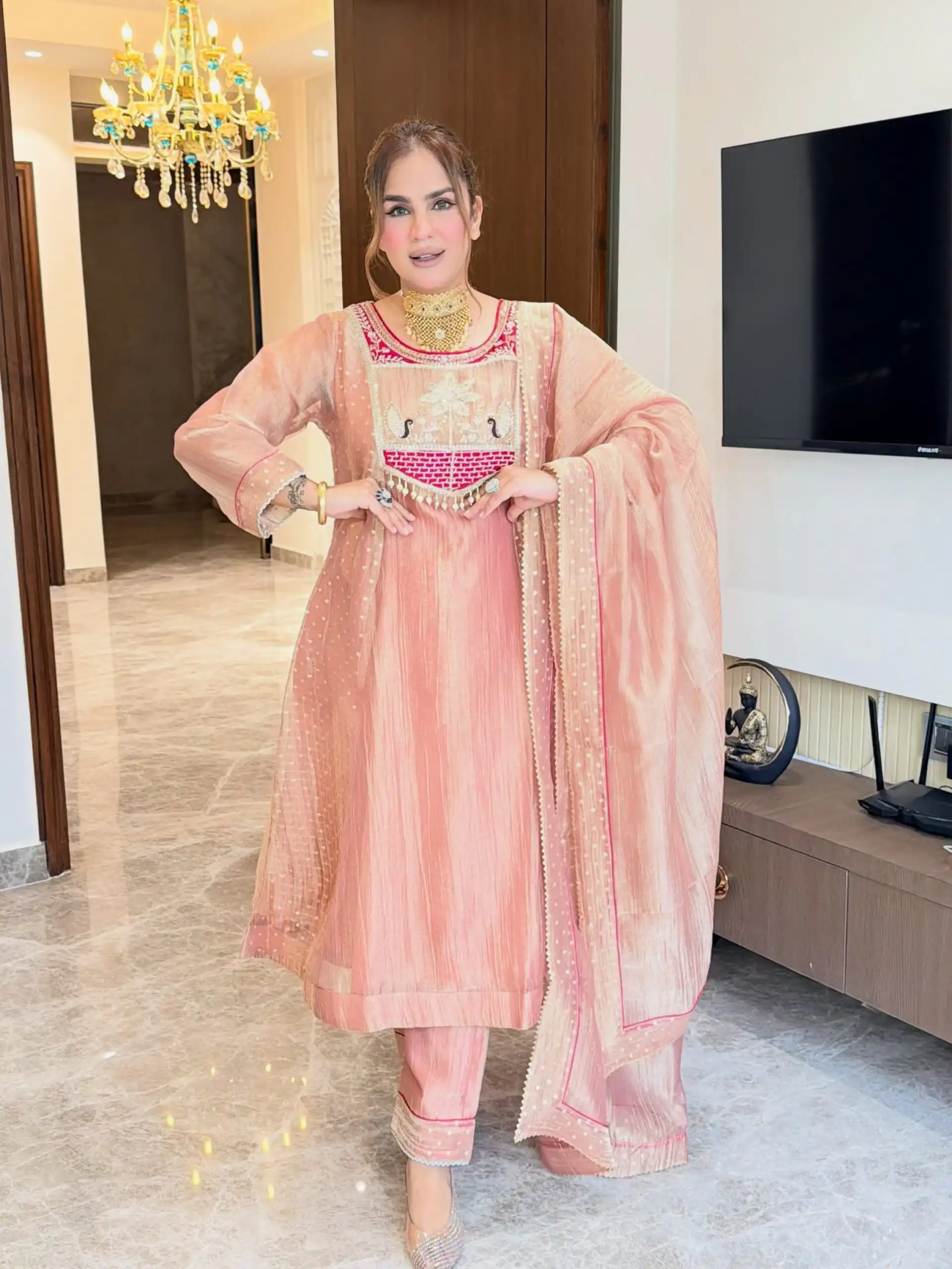 Pretty Peach Salsa Silk Embroidery Work Salwar Suit