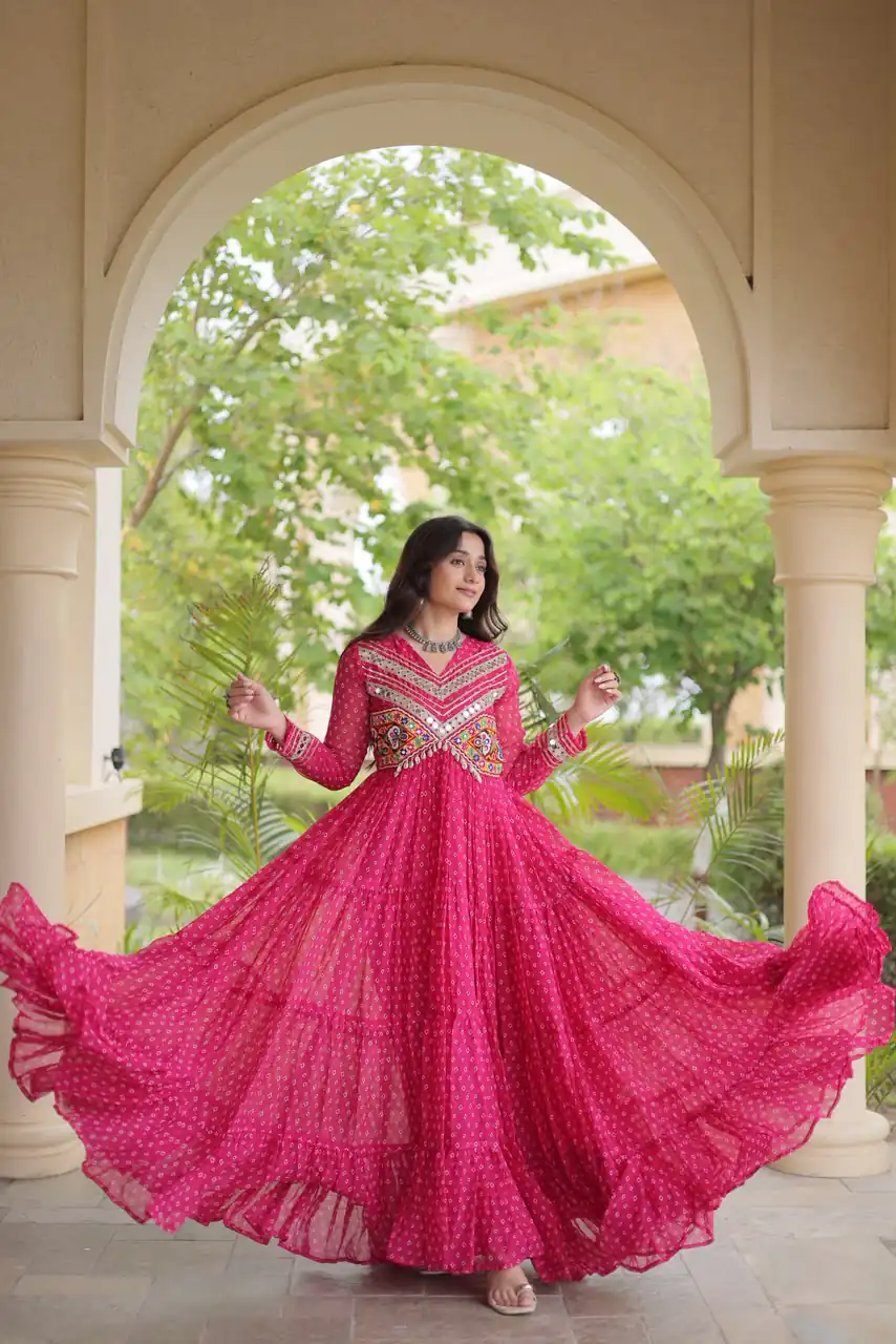 Pretty Pink Faux Georgette Bandhani Print Work Gown - Image 4