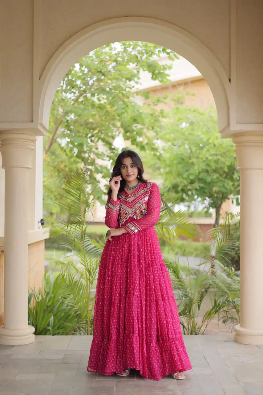 Pretty Pink Faux Georgette Bandhani Print Work Gown - Image 3