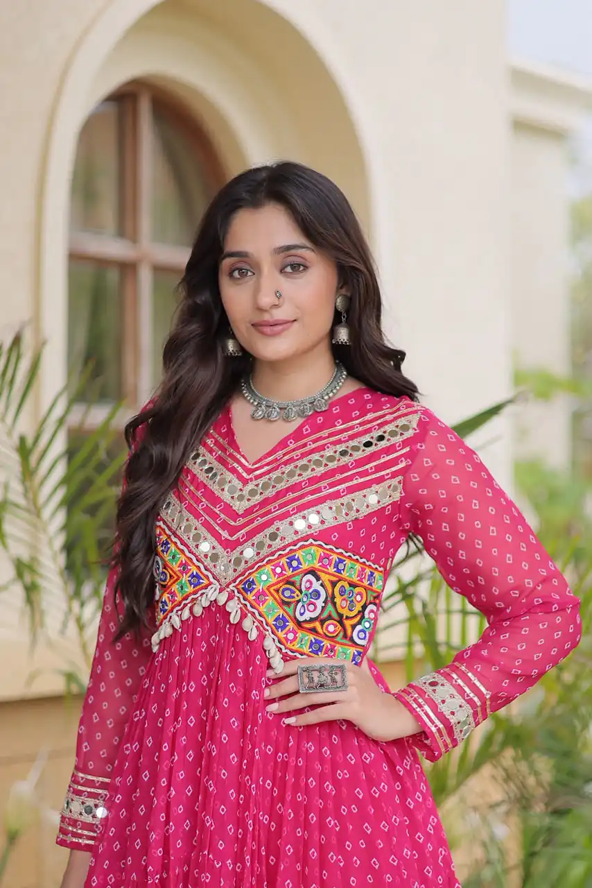 Pretty Pink Faux Georgette Bandhani Print Work Gown - Image 2