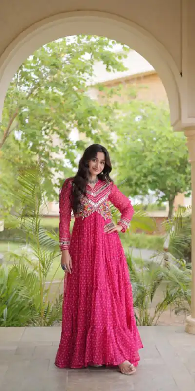 Pretty Pink Faux Georgette Bandhani Print Work Gown