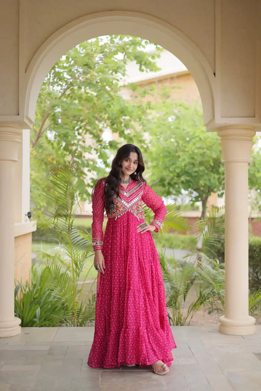 Pretty Pink Faux Georgette Bandhani Print Work Gown