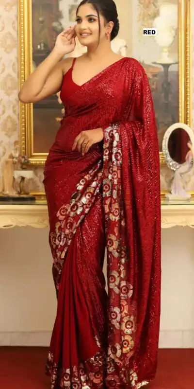 Pretty Red Faux Georgette Sequins Work Saree