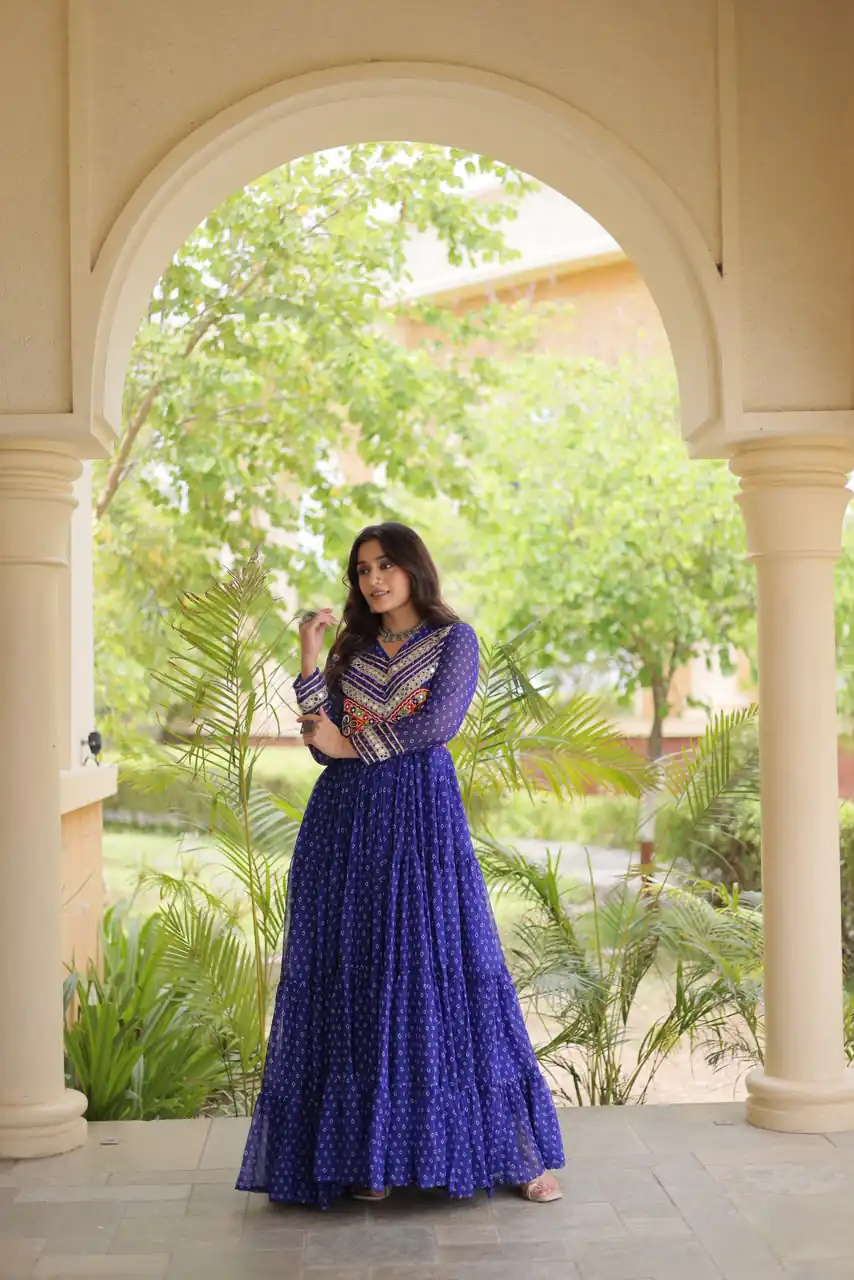 Pretty Royal Blue Faux Georgette Bandhani Print Work Gown - Image 5