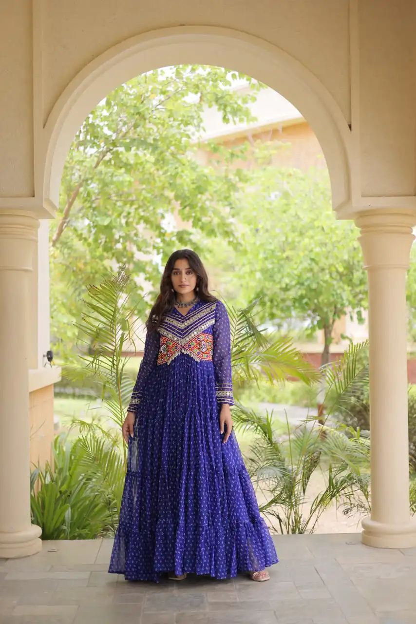 Pretty Royal Blue Faux Georgette Bandhani Print Work Gown - Image 3