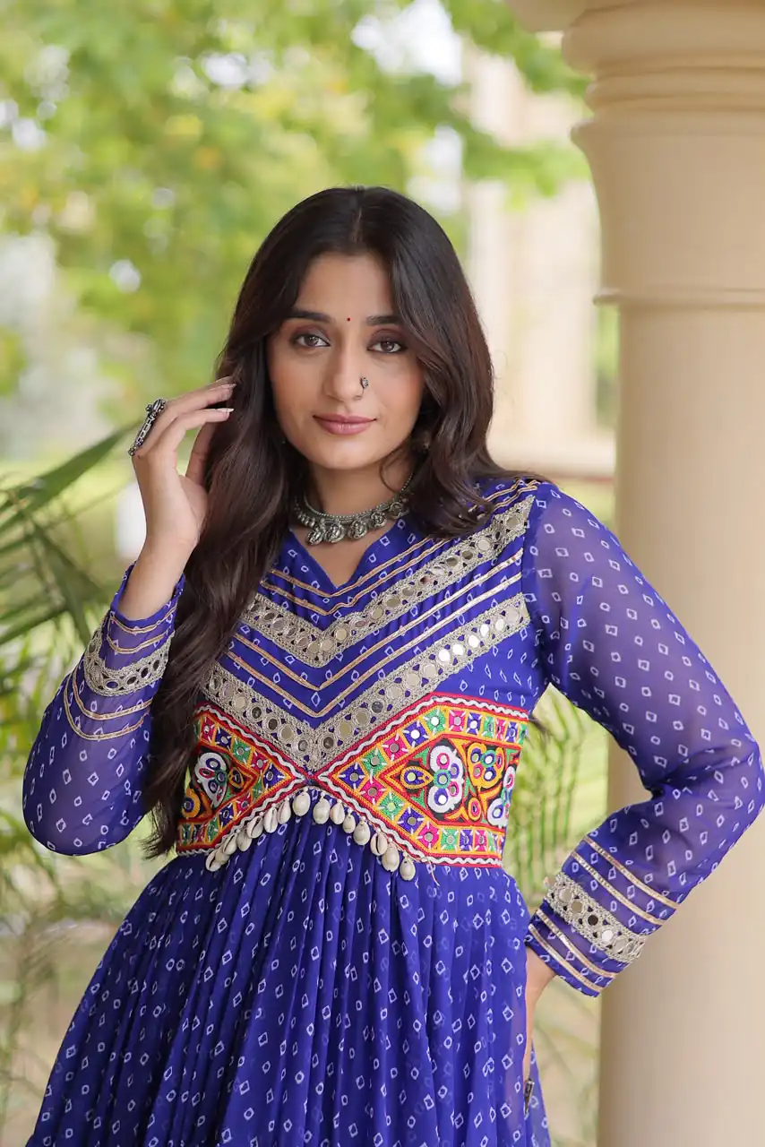 Pretty Royal Blue Faux Georgette Bandhani Print Work Gown - Image 2