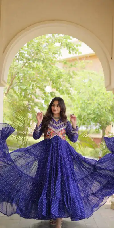 Pretty Royal Blue Faux Georgette Bandhani Print Work Gown
