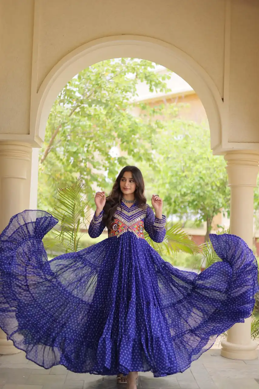 Pretty Royal Blue Faux Georgette Bandhani Print Work Gown