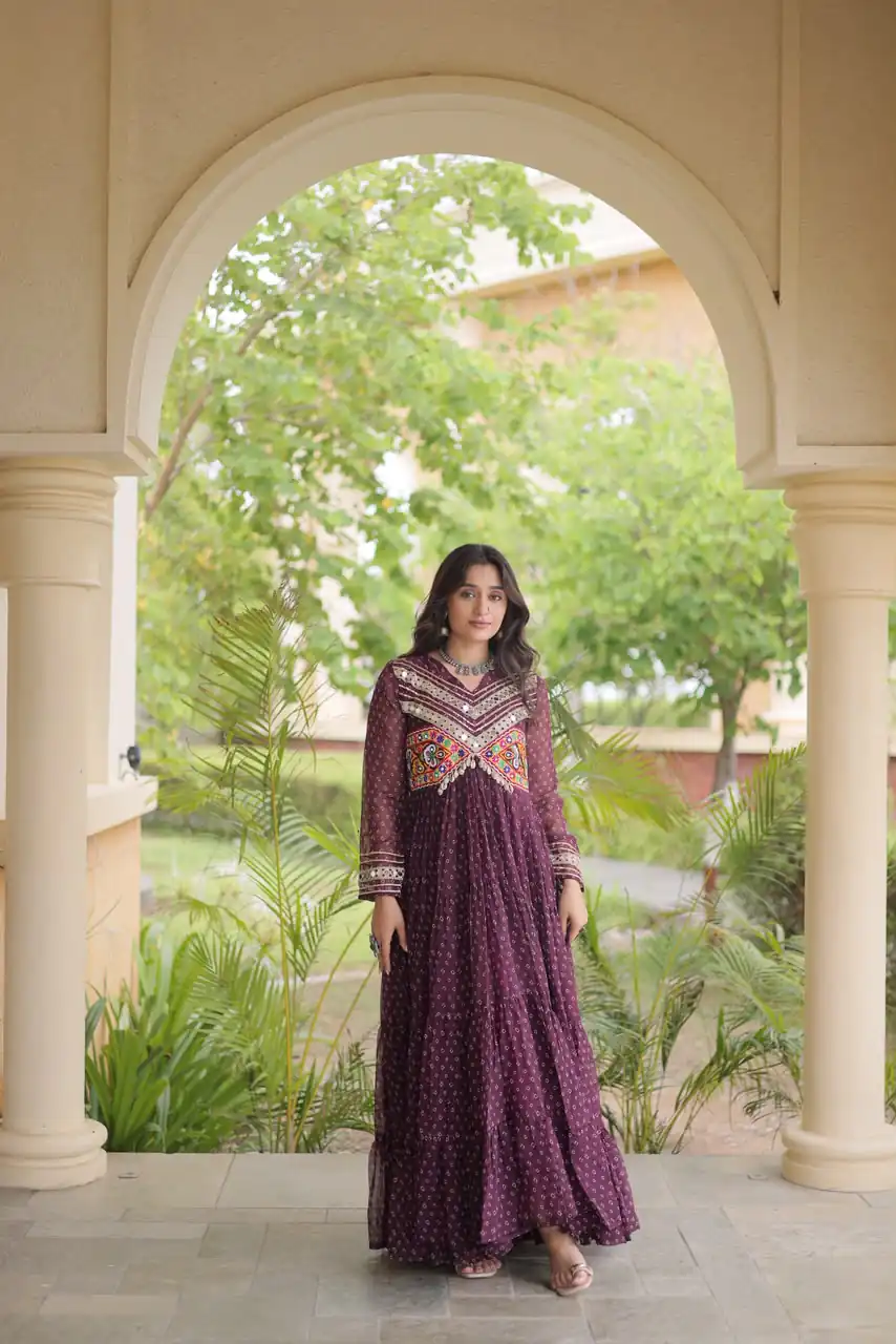 Pretty Wine Faux Georgette Bandhani Print Work Gown - Image 4