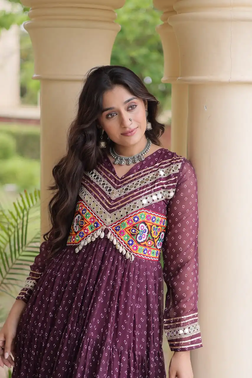 Pretty Wine Faux Georgette Bandhani Print Work Gown - Image 2