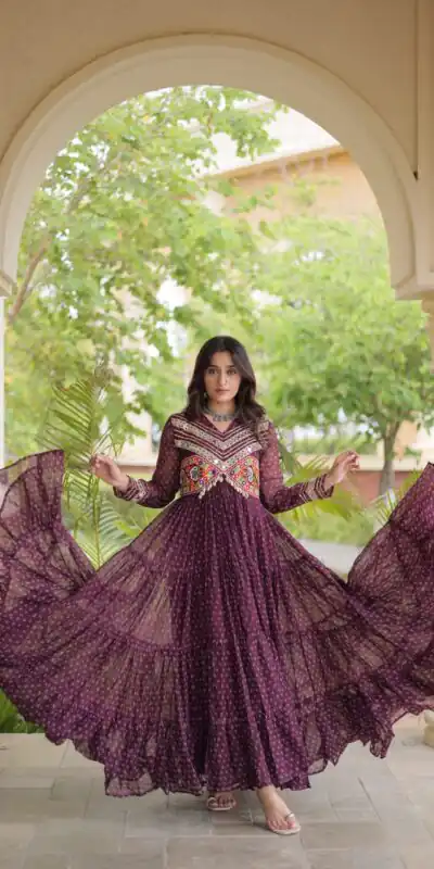 Pretty Wine Faux Georgette Bandhani Print Work Gown