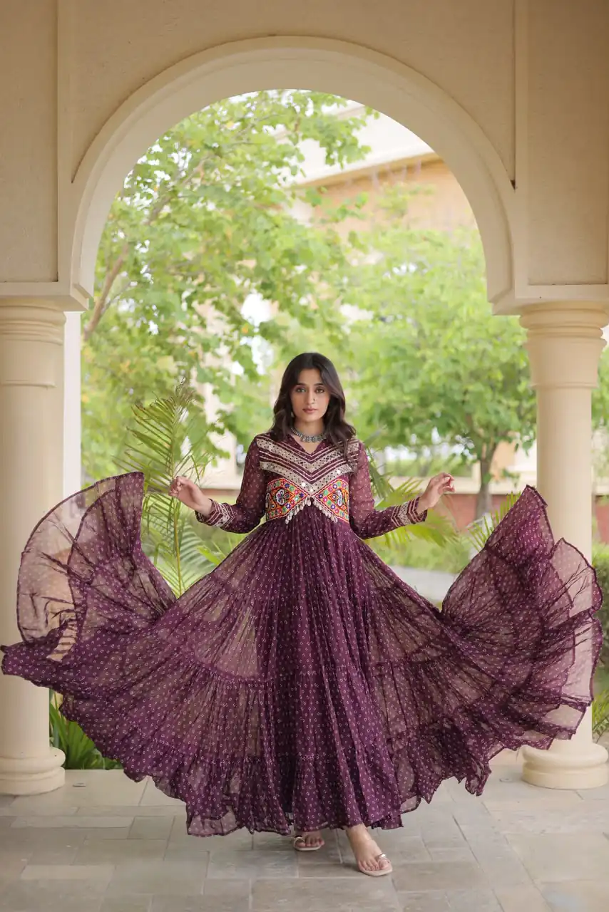 Pretty Wine Faux Georgette Bandhani Print Work Gown