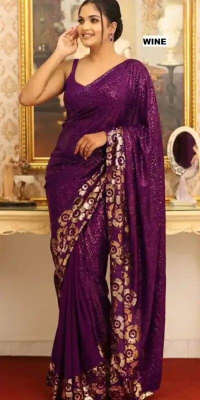 Pretty Wine Faux Georgette Sequins Work Saree