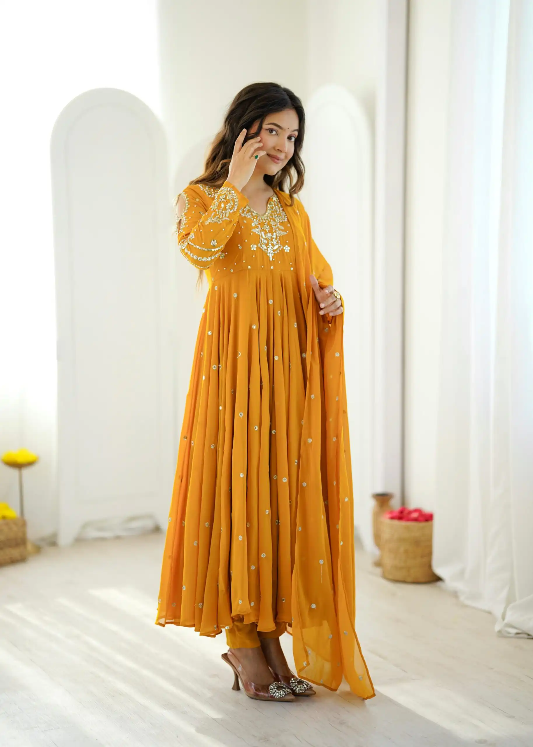Pretty Yellow Faux Georgette Embroider Work Salwar Suit