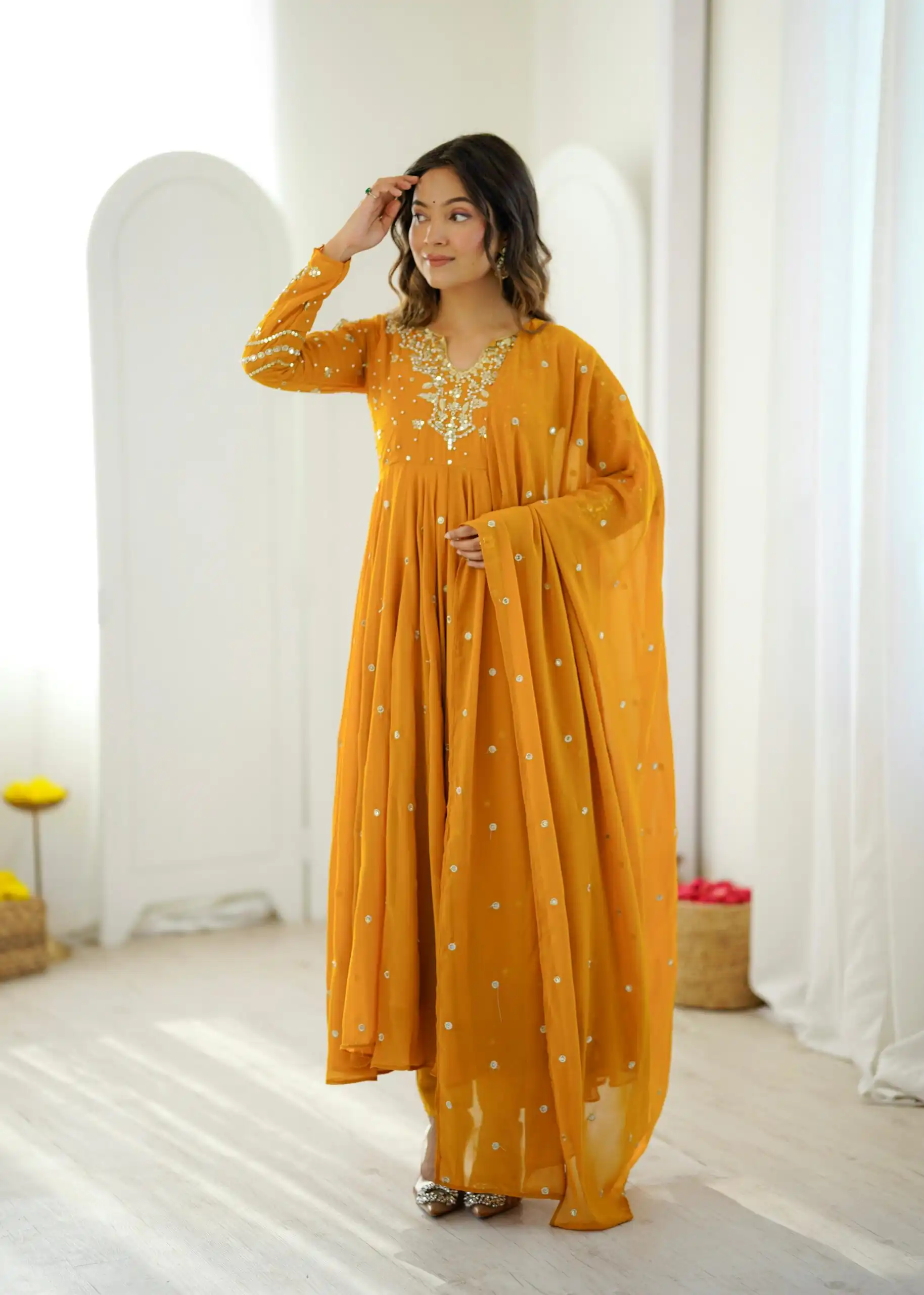 Pretty Yellow Faux Georgette Embroider Work Salwar Suit - Image 8