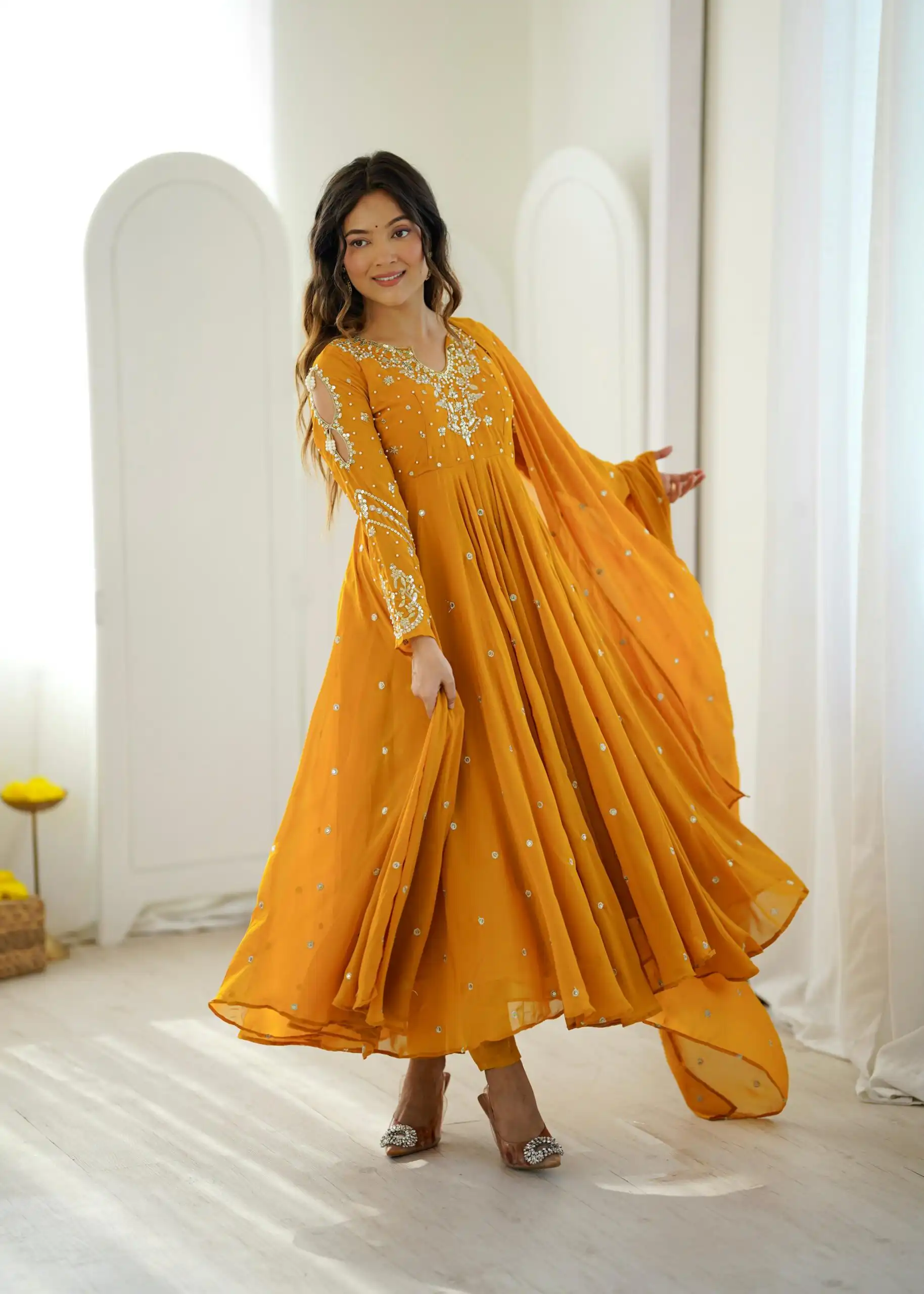 Pretty Yellow Faux Georgette Embroider Work Salwar Suit - Image 4