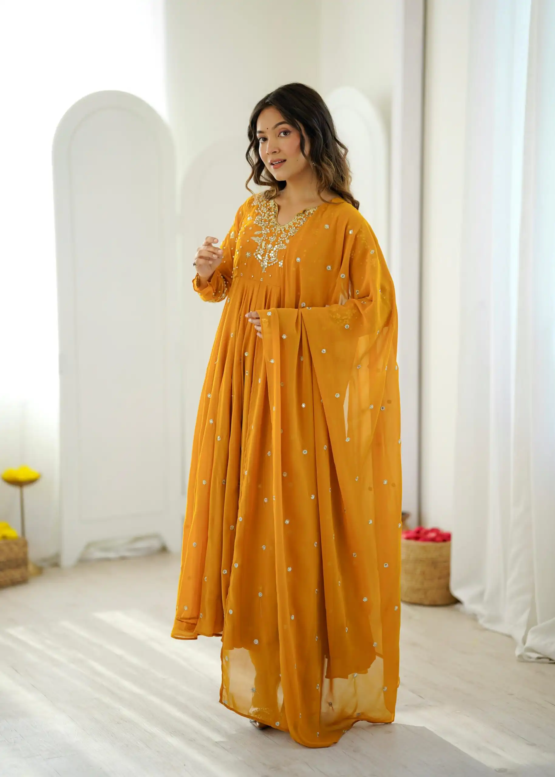 Pretty Yellow Faux Georgette Embroider Work Salwar Suit - Image 3