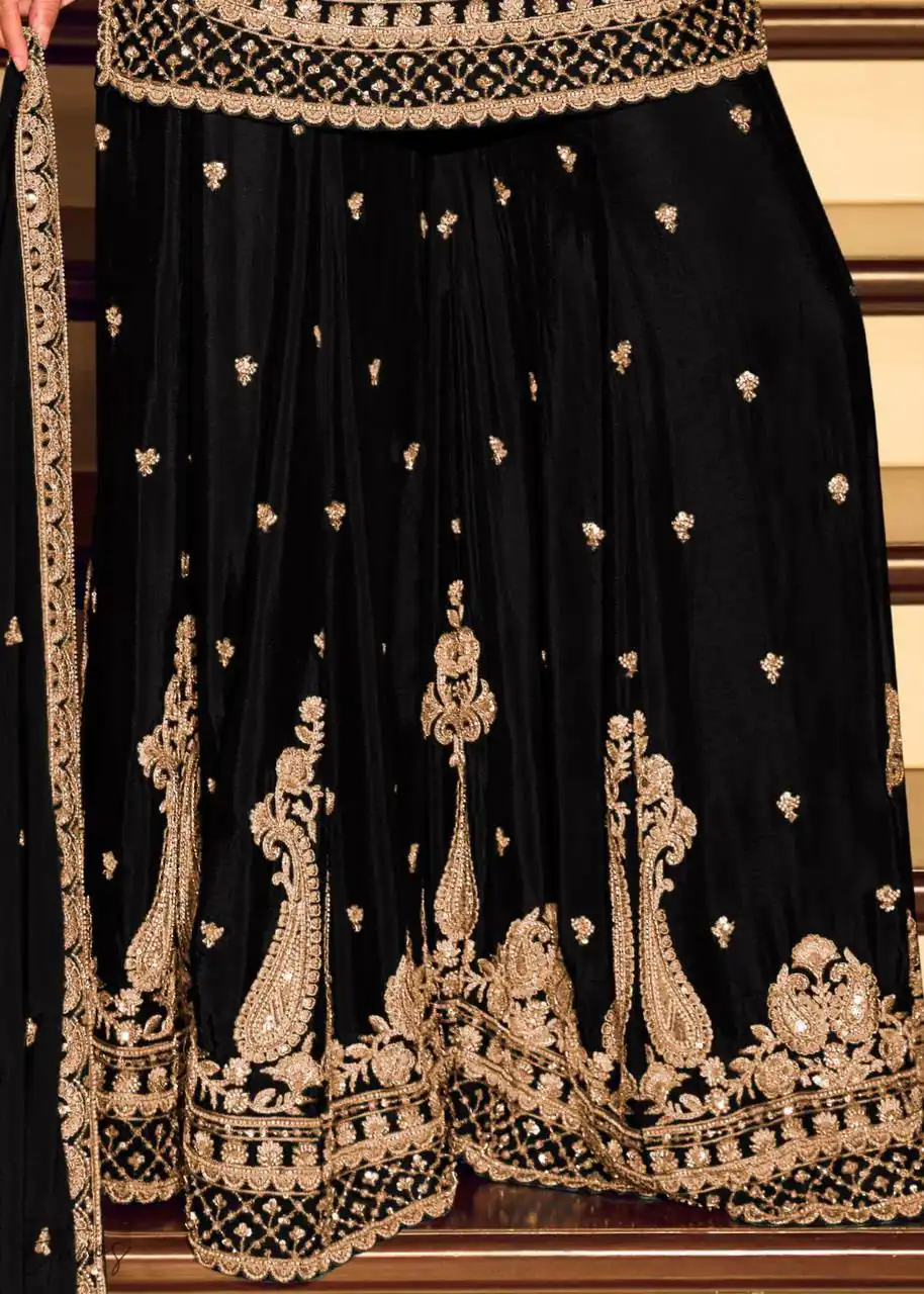 Shiny Black Chinon Silk Sequence Work Salwar Suit - Image 3