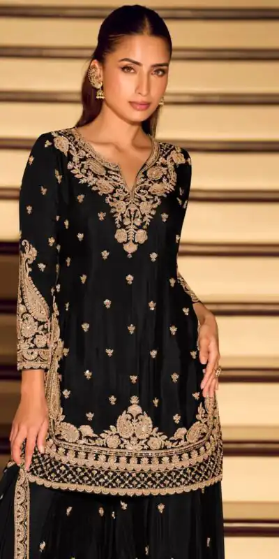 Alternative view of Shiny Black Chinon Silk Sequence Work Salwar Suit
