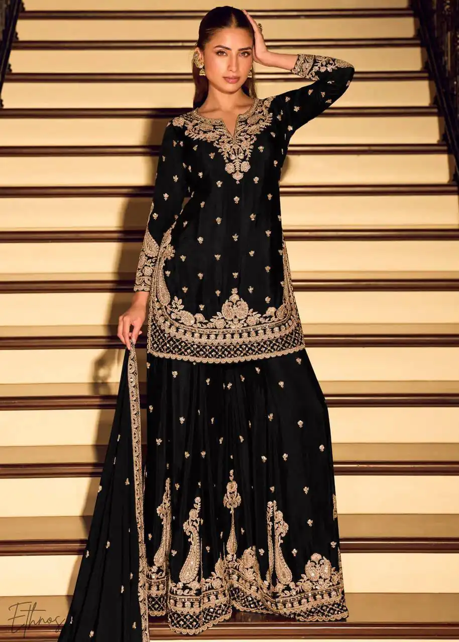Shiny Black Chinon Silk Sequence Work Salwar Suit