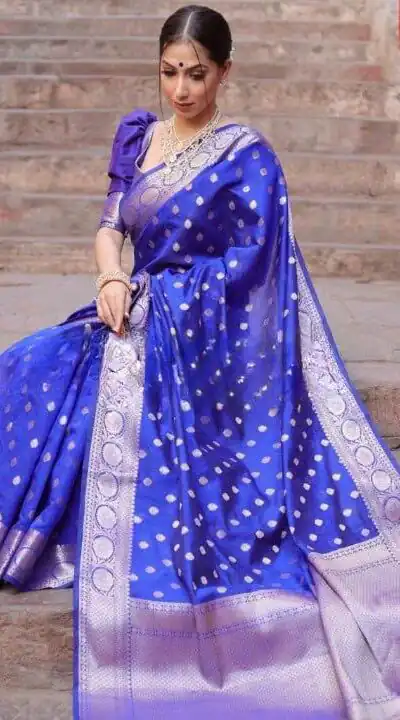 Shiny Blue Soft Lichi Silk Jacquard Lace Work Saree