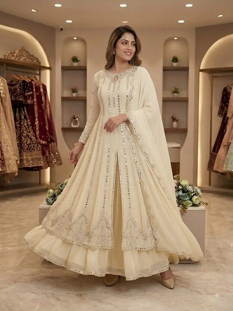 Shiny Cream Georgette Embroidery Mirror Work Gown - Image 4