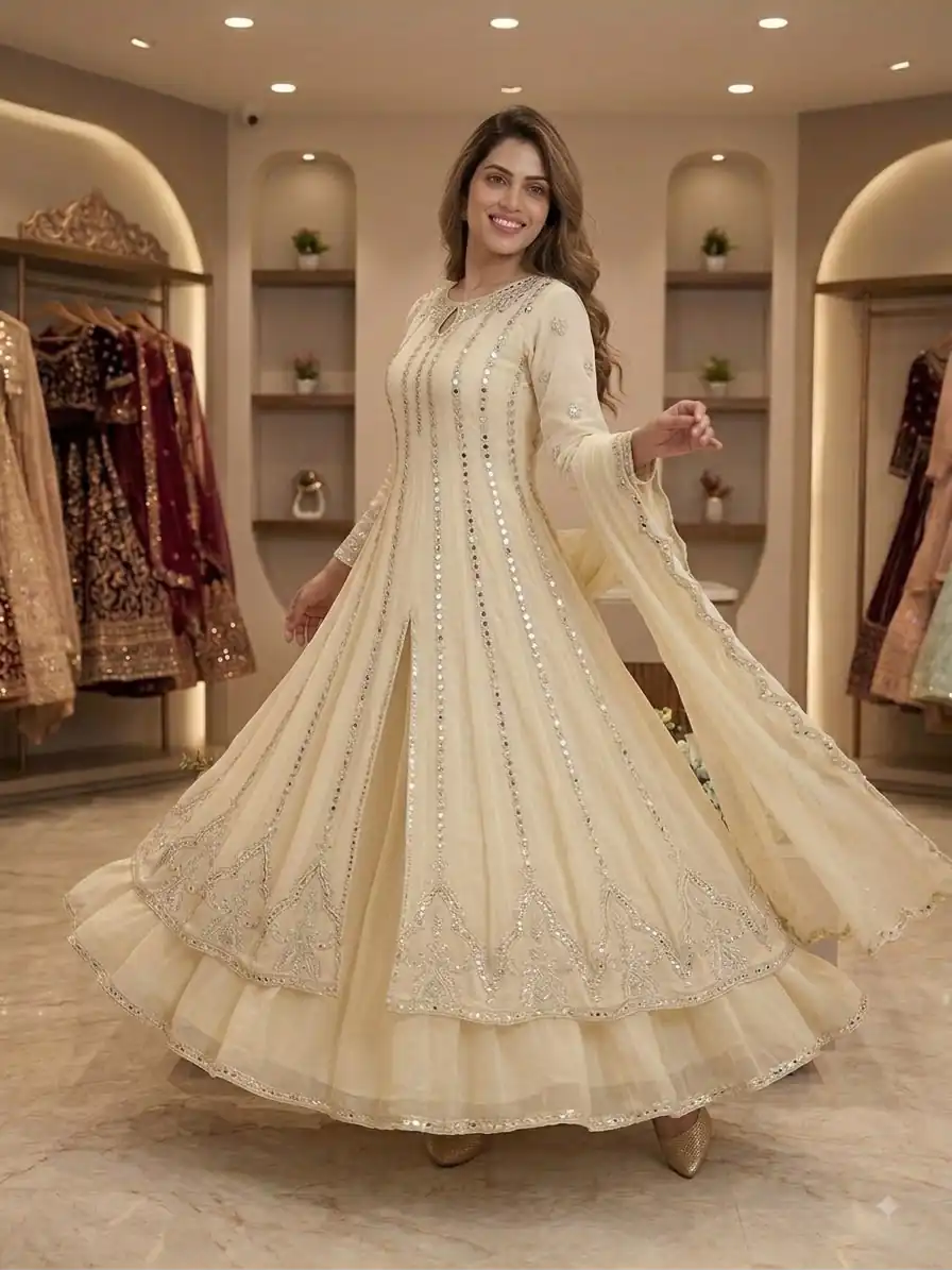 Shiny Cream Georgette Embroidery Mirror Work Gown - Image 3