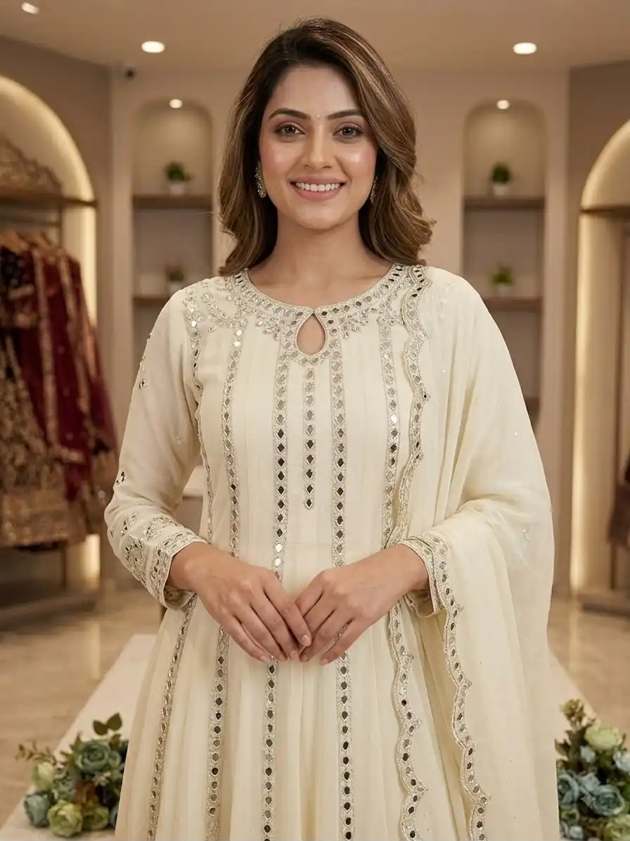 Shiny Cream Georgette Embroidery Mirror Work Gown - Image 2