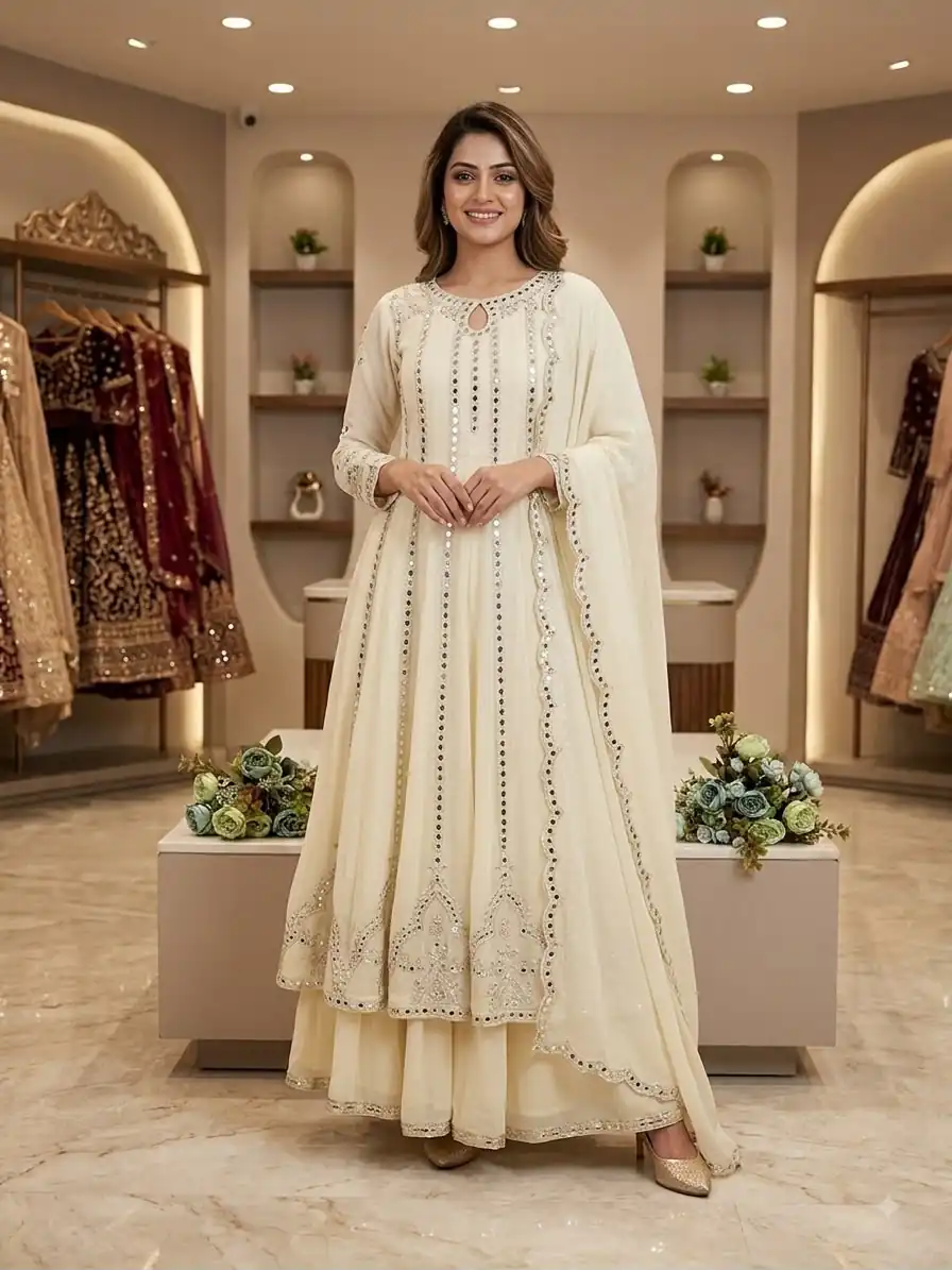 Shiny Cream Georgette Embroidery Mirror Work Gown