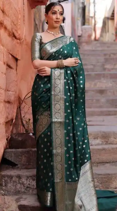 Shiny Green Soft Lichi Silk Jacquard Lace Work Saree