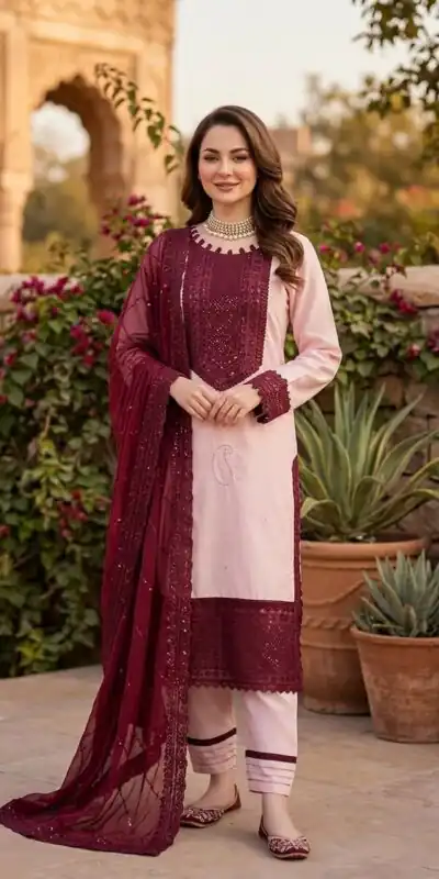 Shiny Maroon Natural Crep Thread Work Salwar Suit