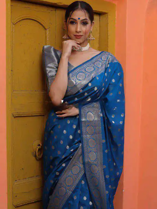Shiny Navy Blue Soft Lichi Silk Jacquard Lace Work Saree - Image 5