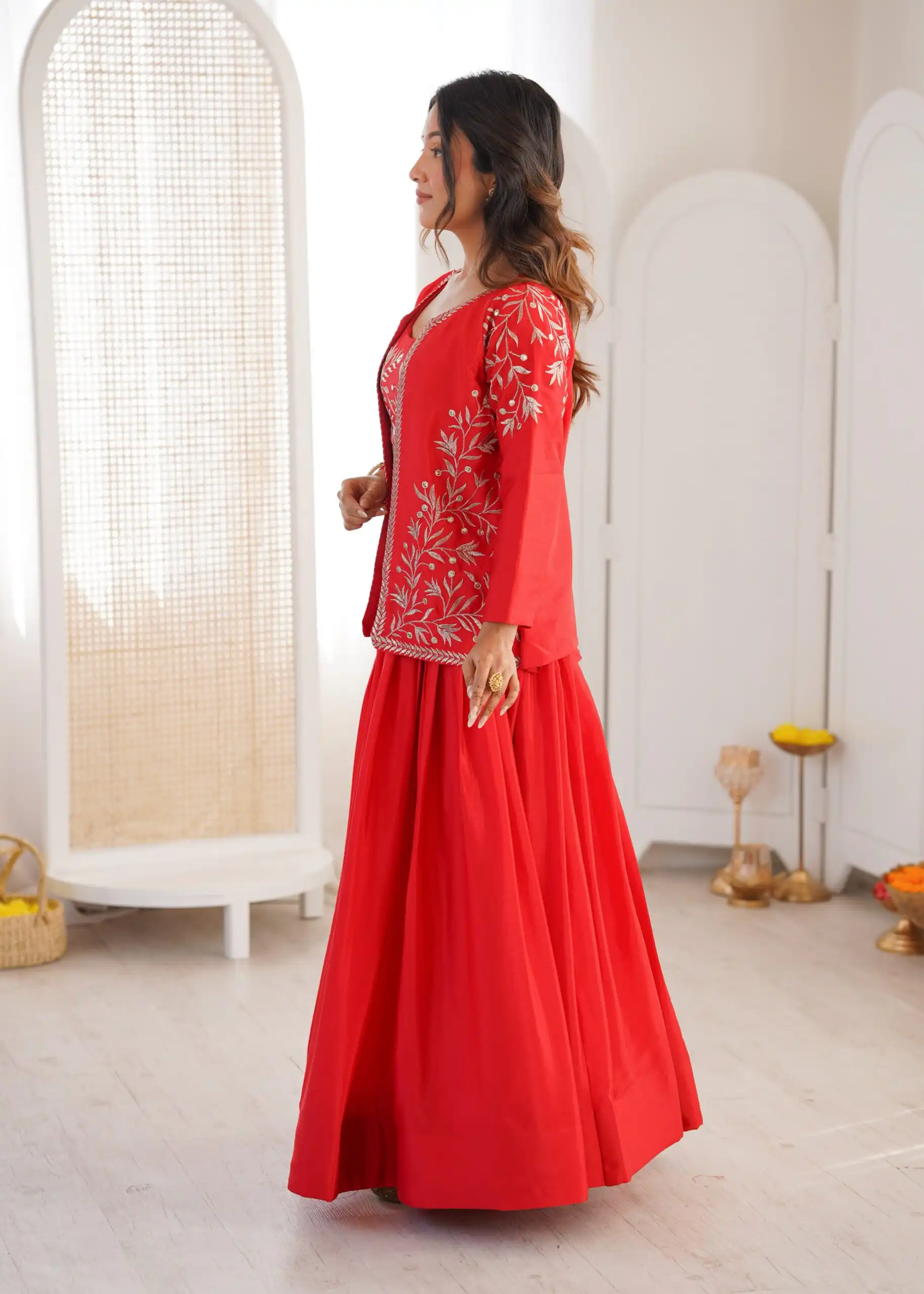 Shiny Red Chinon Silk Sequence Work Lehenga Choli - Image 2