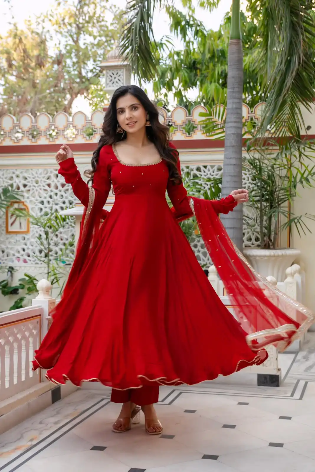 Shiny Red Faux Georgette Hand Work Anarkali Suit - Image 3