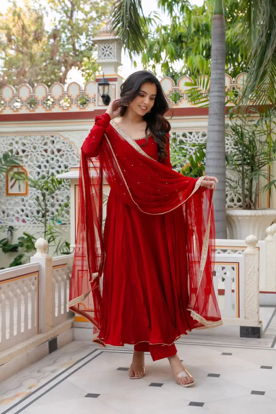 Shiny Red Faux Georgette Hand Work Anarkali Suit - Image 2