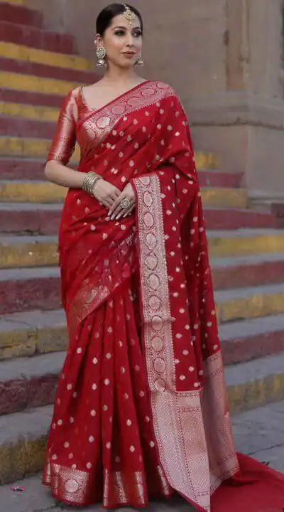Shiny Red Soft Lichi Silk Jacquard Lace Work Saree
