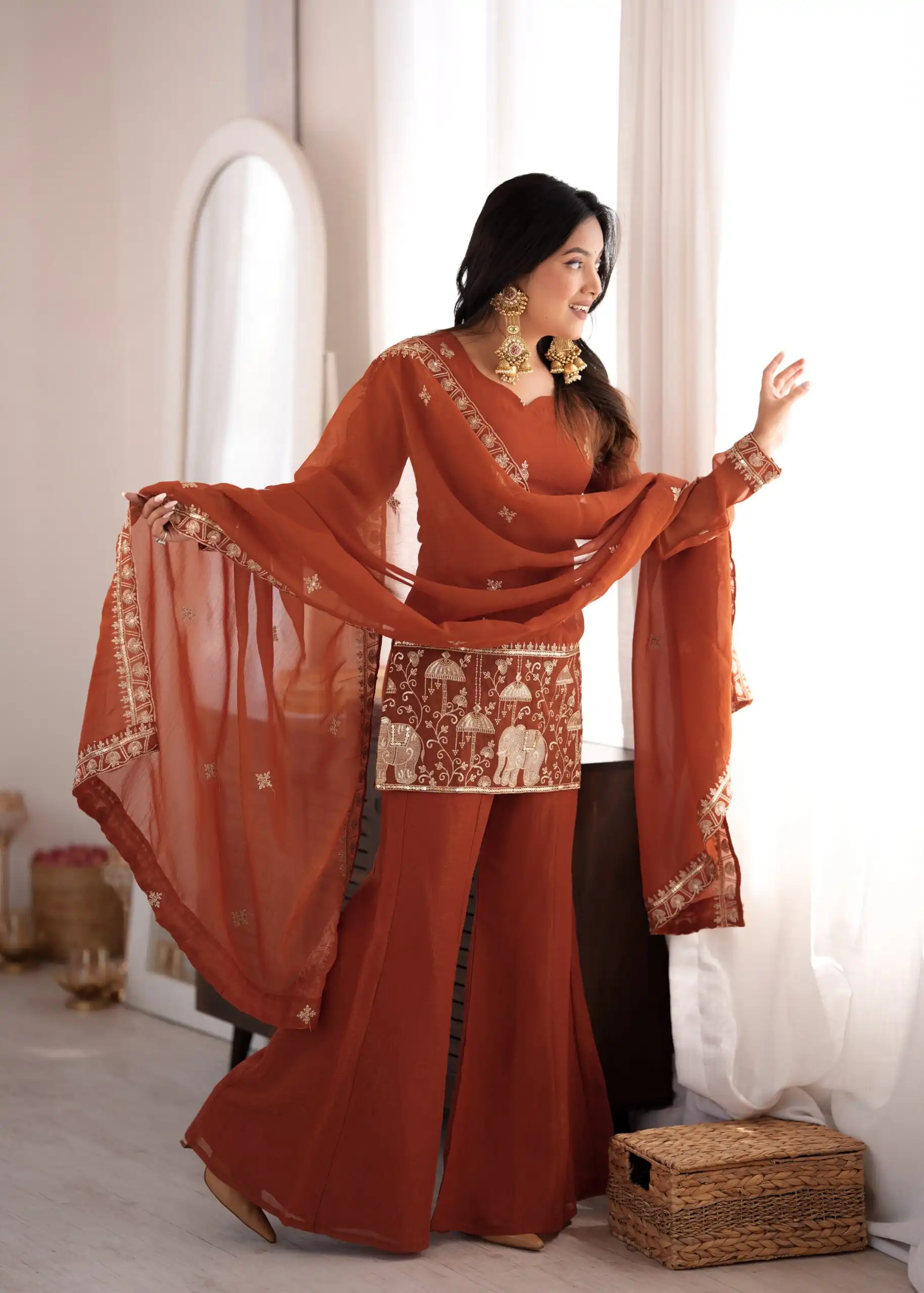 Shiny Rust Crunchy Silk Embroider Salwar Suit - Image 7